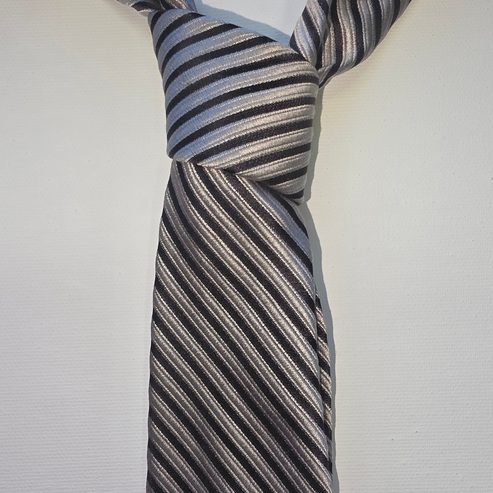 Chaps Mens Silk Necktie Silver Gray Black Diagonal Striped Formal Business Tie